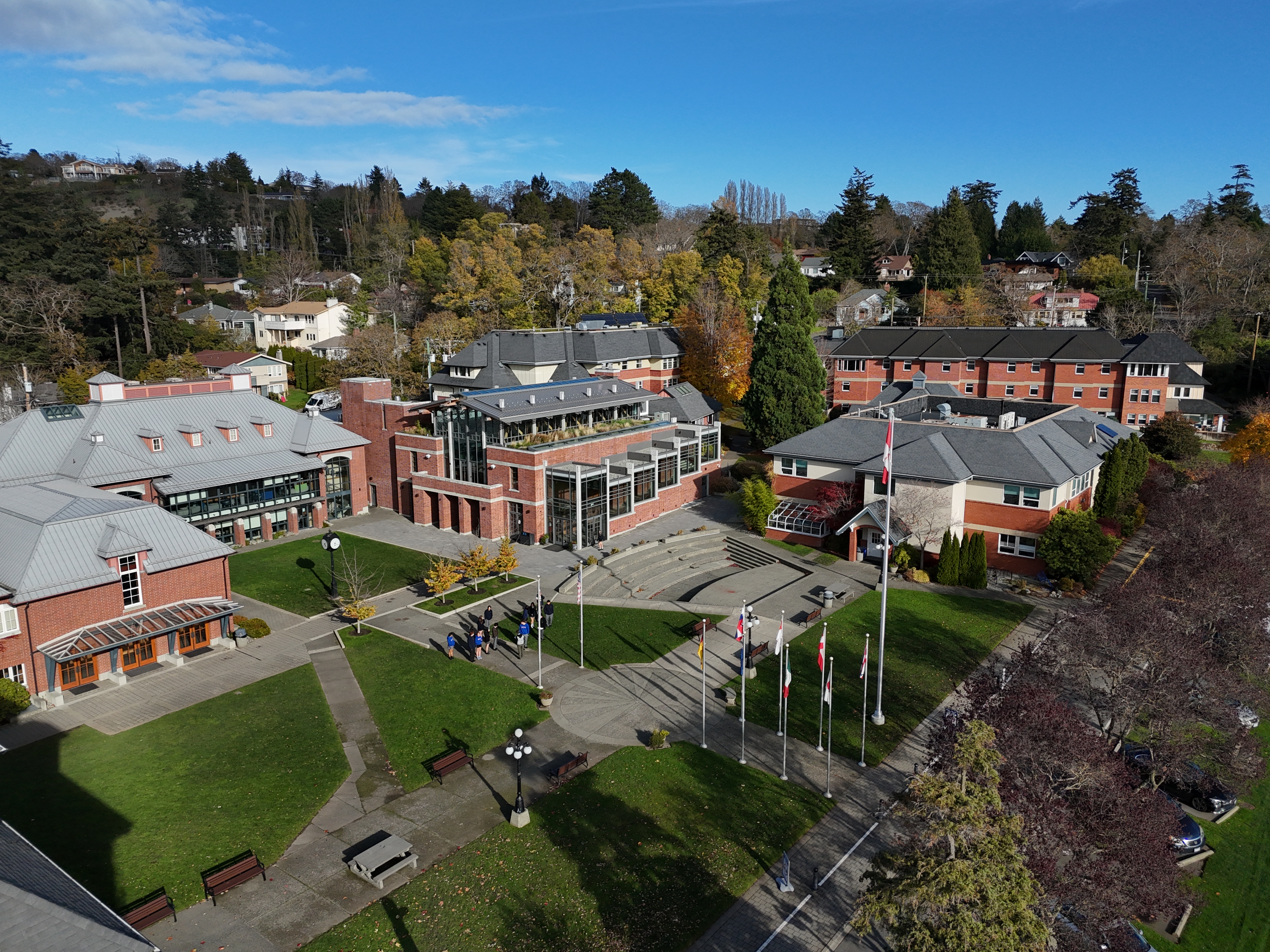 Aerial shot of SMUS quad, showing music building, dining hall and scienc buildin.