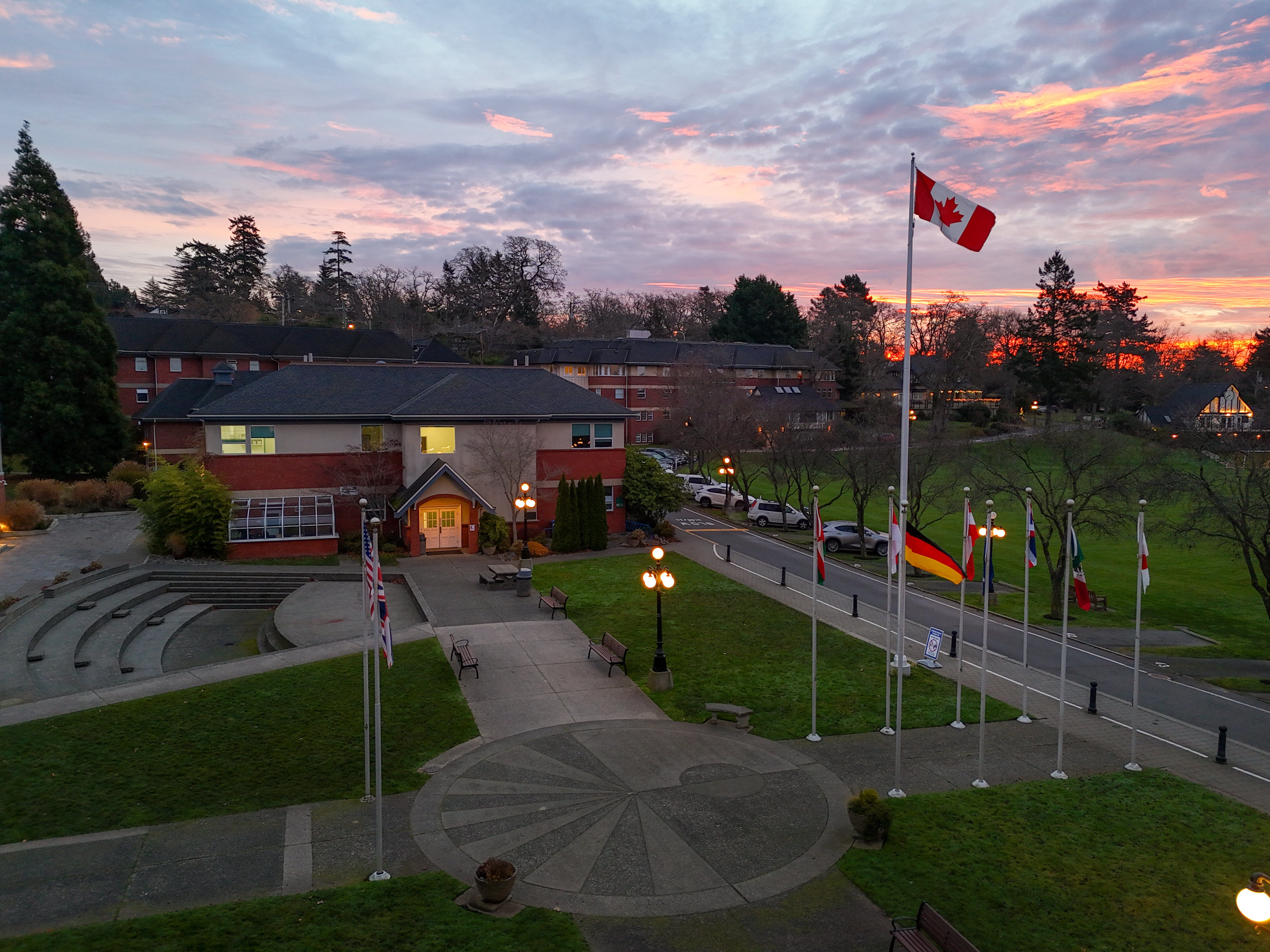 Aerial shot of SMUS quad, showing science building and Canadian flag.