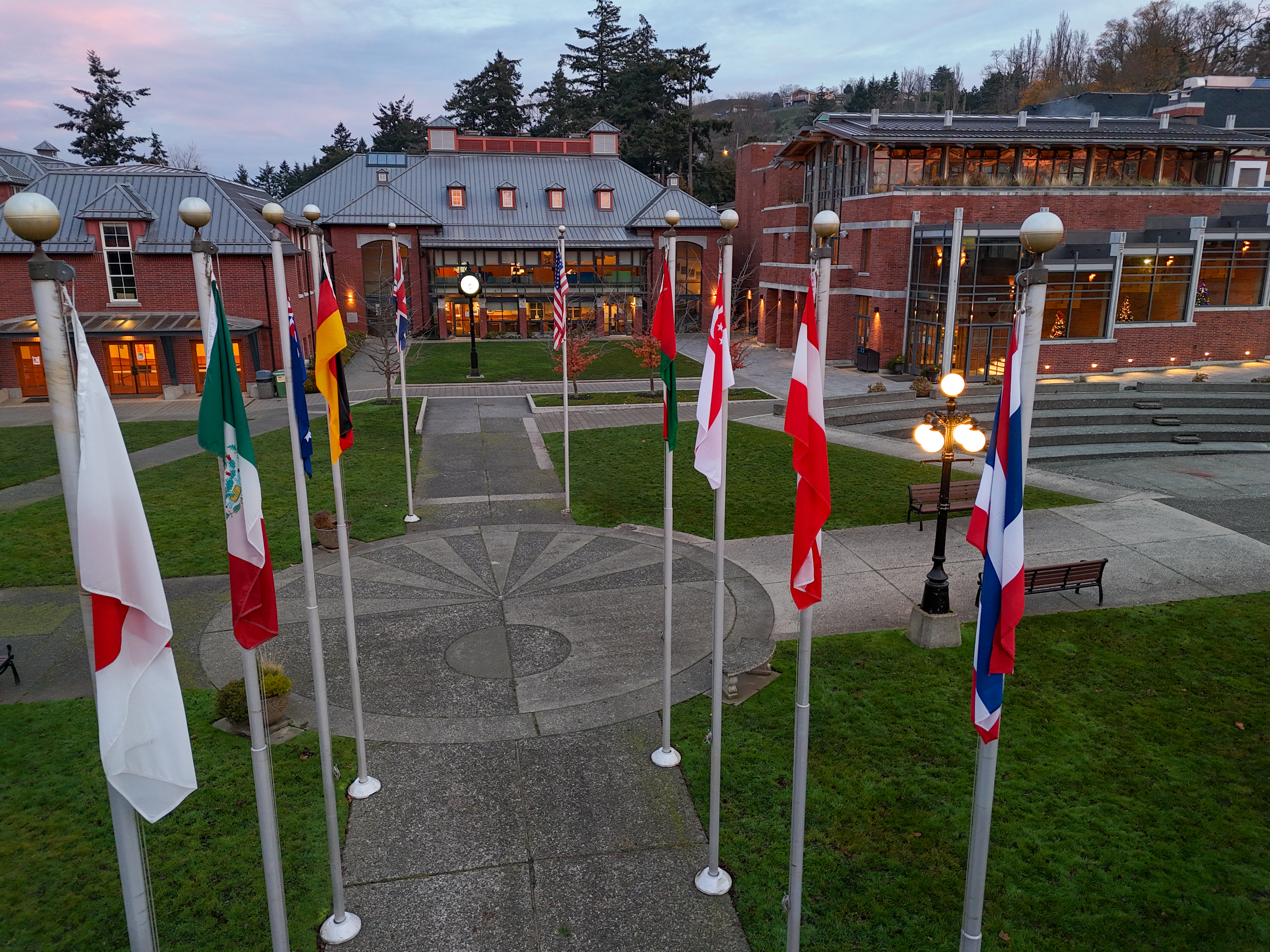 Aerial shot of SMUS quad, facing north to show dining hall, music building and lecture theatre.